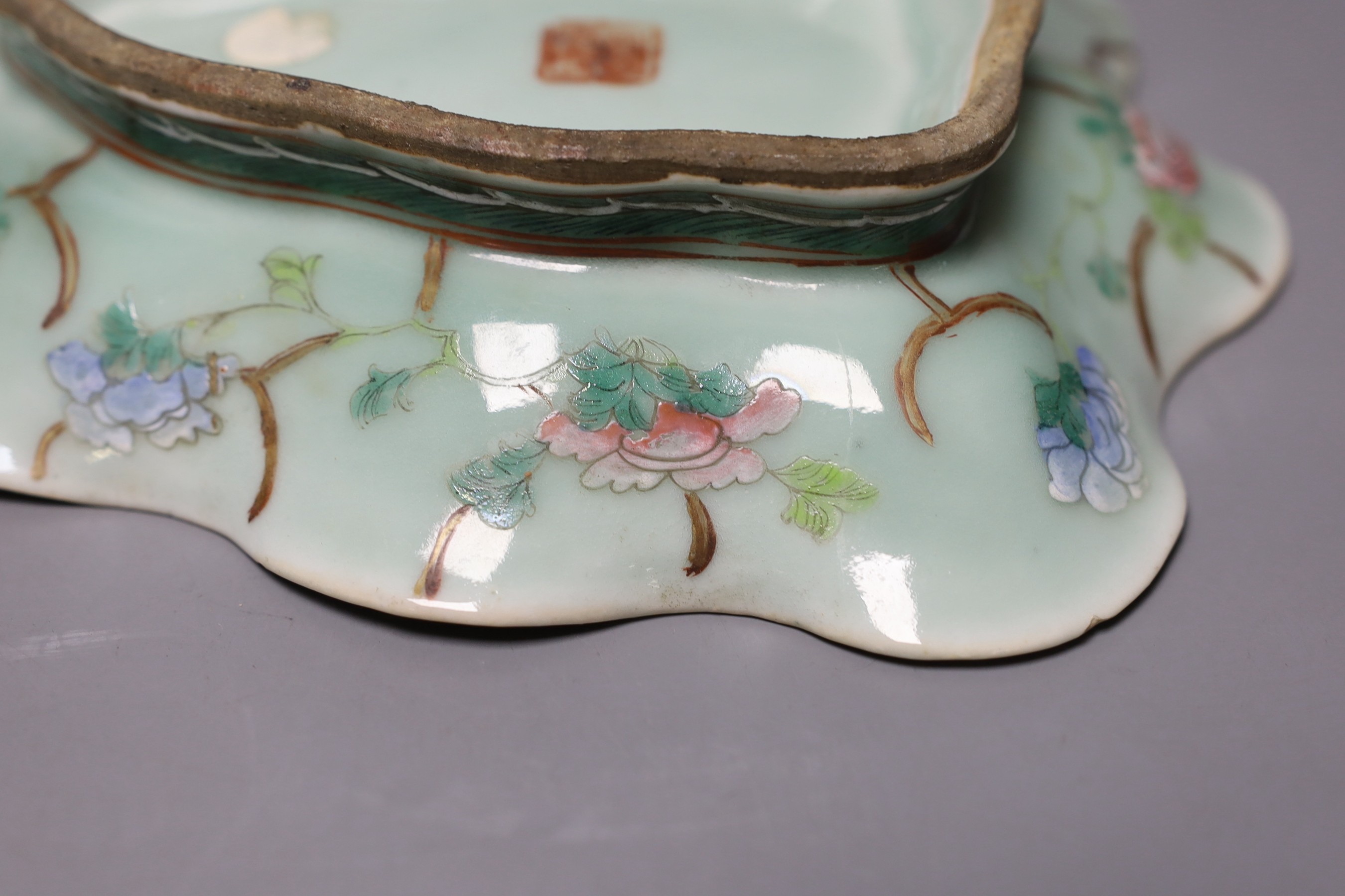 A 19th century Chinese famille rose celadon ground dish - 26.5cm long